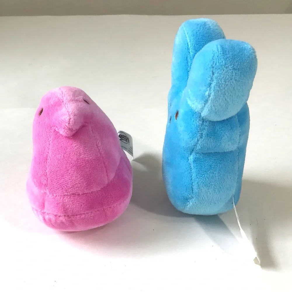 PEEPS Easter Plush Pink Chick & Blue Bunny Rabbit Lot Of 2 Bean Weighted Bottoms
